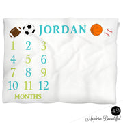 Baby boy sports ball baby blanket, all star baby milestone blanket, monthly milestone baby blanket, personalized growth baby gift, personalized photo prop blanket, choose your colors