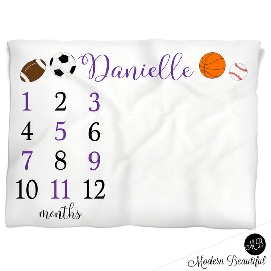 Girl Sports Milestone Baby Blanket Personalized Football Soccer Basketball Baseball Baby Growth Photo Blanket