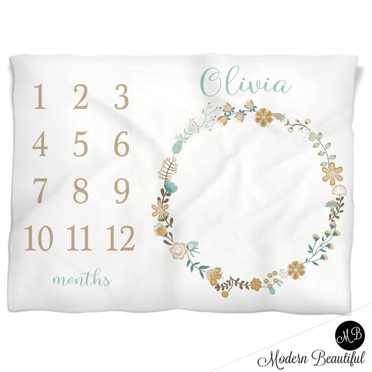 Personalized Flowers  Milestone Blanket Blue and Tan