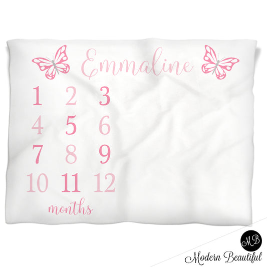 Butterfly Milestone Baby Blanket Personalized Girl Pink Baby Growth Photo Blanket