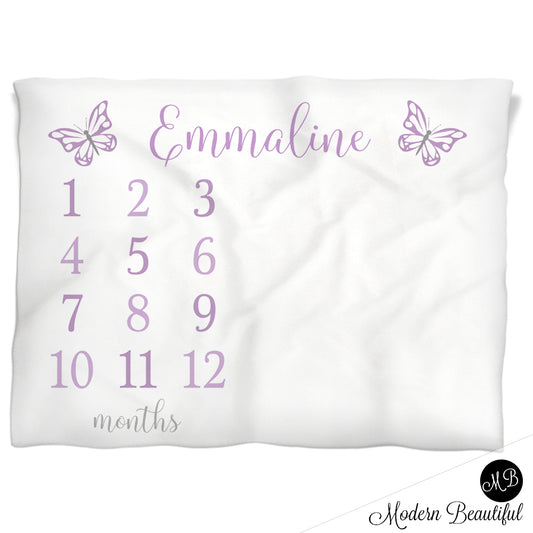 Butterfly Milestone Baby Blanket Personalized Girl Purple Baby Growth Photo Blanket