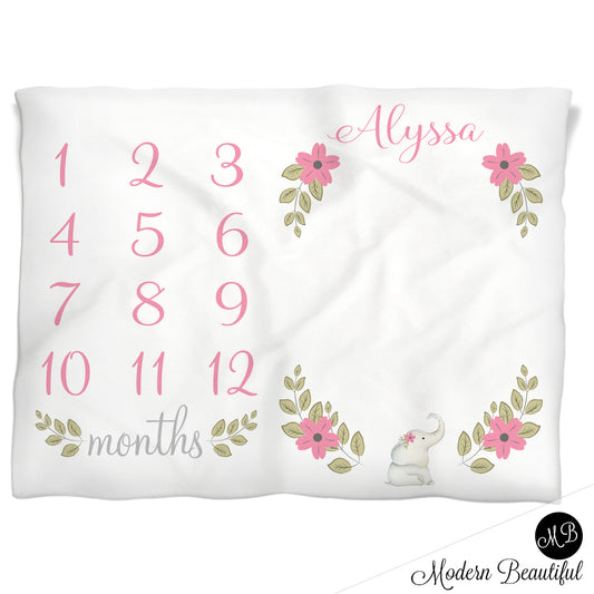 Elephant Flowers Milestone Baby Blanket Personalized Baby Growth Photo Blanket