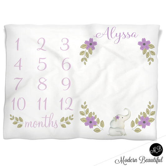 Elephant Flowers Purple Milestone Baby Blanket Personalized Baby Growth Photo Blanket