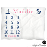 Navy and pink nautical baby blanket, girl anchor personalized growth baby gifts, personalized photo prop blanket - choose your colors