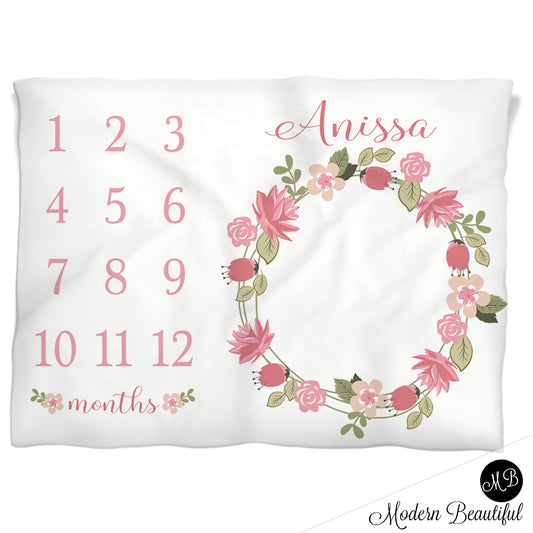 Pink Flowers Milestone Baby Blanket Personalized Baby Growth Photo Blanket