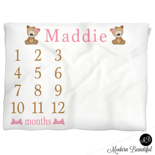 Teddy Bear Milestone Baby Blanket Personalized Baby Growth Photo Blanket