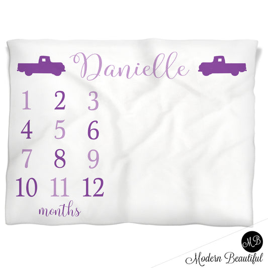 Vintage Truck Milestone Baby Blanket Personalized Girl Baby Growth Photo Blanket