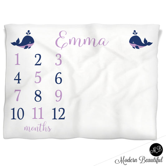 Whale Milestone Baby Blanket Personalized Girl Baby Growth Photo Blanket