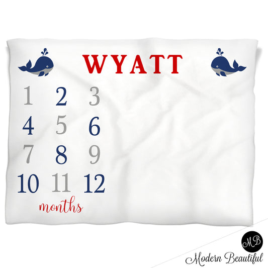 Whale Milestone Baby Blanket Personalized Boy Baby Growth Photo Blanket