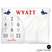 Baby Boy Nautical Whale Milestone Name Blanket, whale personalized growth baby gift, personalized photo prop blanket - choose your colors