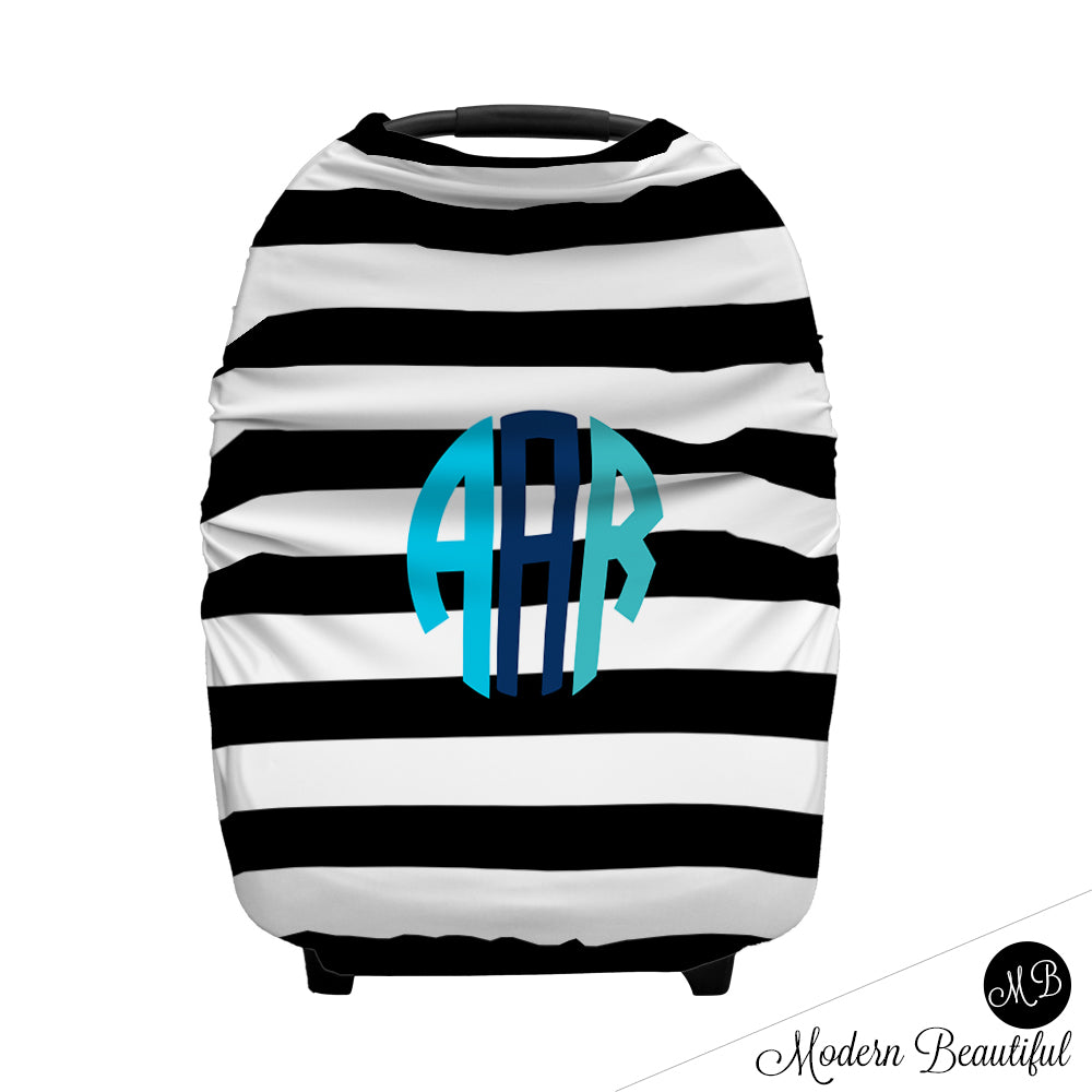Black and white stripe monogram baby boy or girl car seat canopy cover, custom monogram infant car seat cover, personalized baby name carseat cover, nursing privacy cover (CHOOSE COLORS)