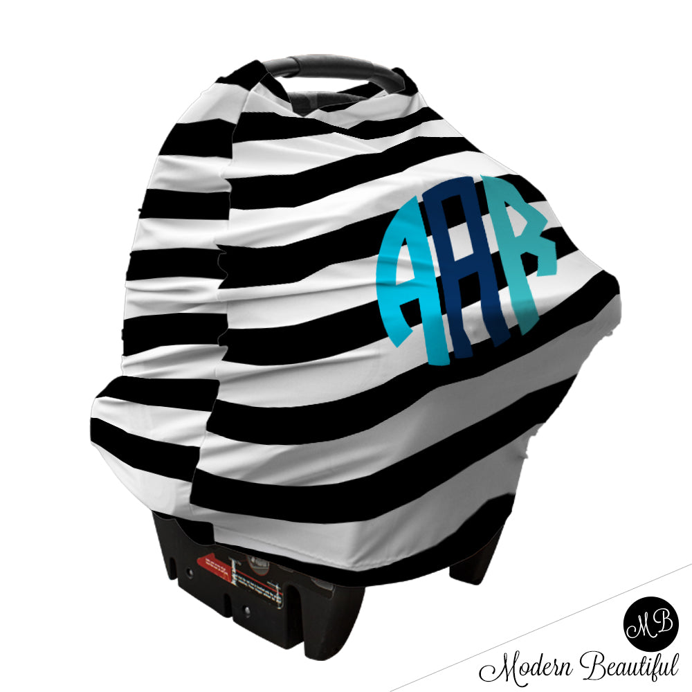 Black and white stripe monogram baby boy or girl car seat canopy cover, custom monogram infant car seat cover, personalized baby name carseat cover, nursing privacy cover (CHOOSE COLORS)