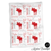 Moose baby name blanket, red and gray, plaid moose baby blanket, baby swaddling blankets, baby girl or boy, baby name blanket, baby shower gift, (CHOOSE COLORS)