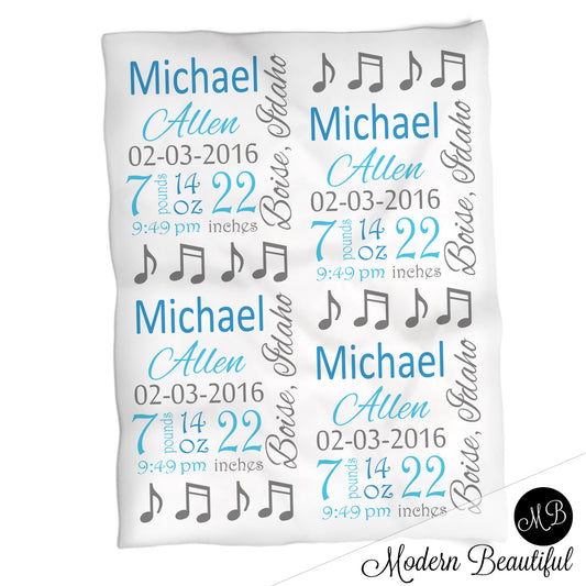 Music Notes Baby Stats Blanket Boy