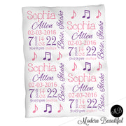 Music note baby girl stats blanket, purple and pink, music note girl baby blanket, personalized music baby blanket, baby stats blanket, boy or girl stats swaddle blanket, baby shower gift, choose colors