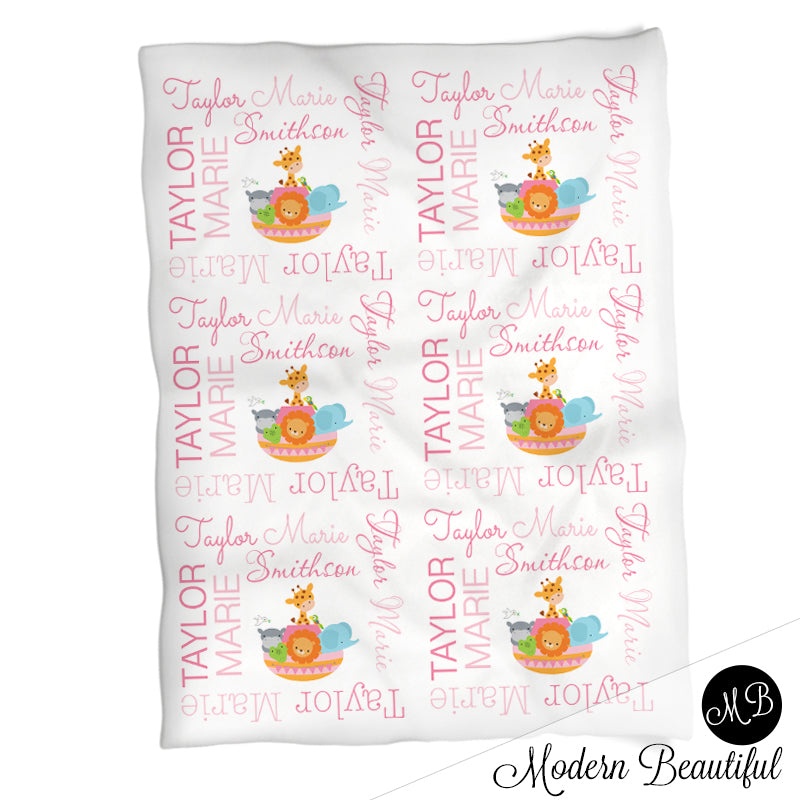 Personalized Noah Ark Baby Name Blanket Pink Girl