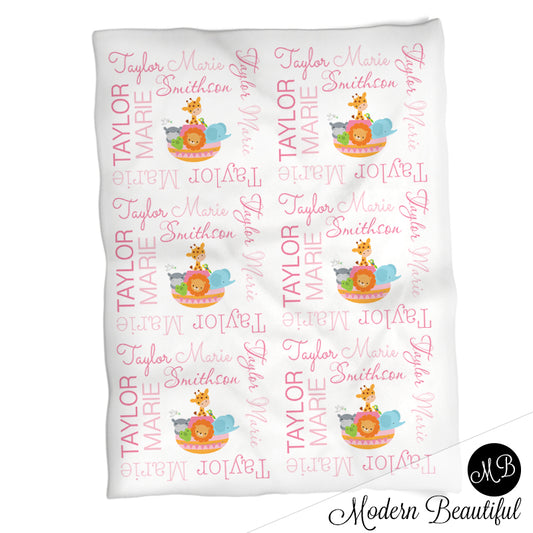 Personalized Noah Ark Baby Name Blanket Pink Girl