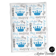 Prince crown baby name blanket, blue and white, crown baby blanket, baby swaddling blankets, baby girl or boy, baby name blanket, baby shower gift, (CHOOSE COLORS)