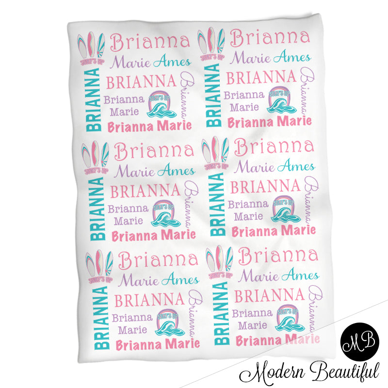 Personalized Surfer Baby Name Blanket Girl