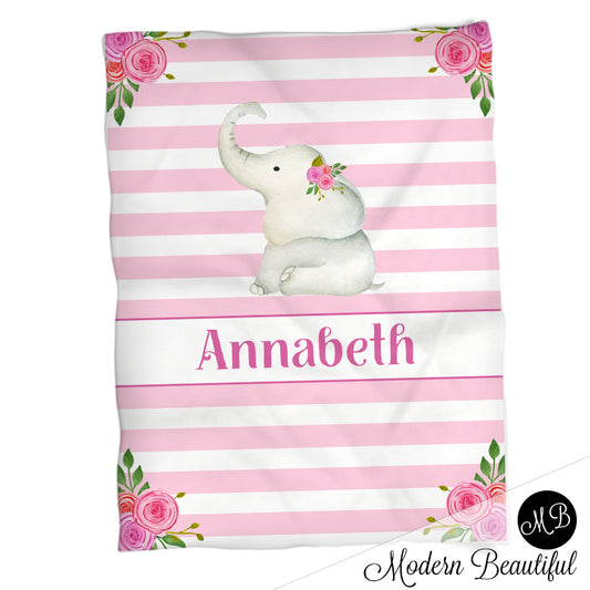 Personalized Elephant Baby Name Blanket Girl Pink