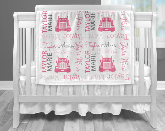 Personalized Girl big rig baby name blanket