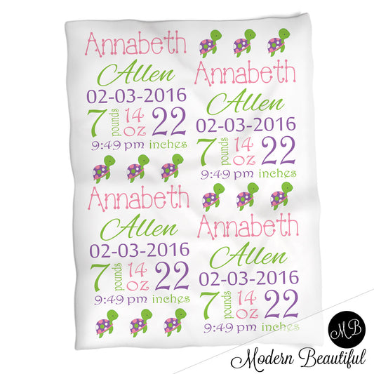 Sea Turtle Baby Stats Blanket Girl