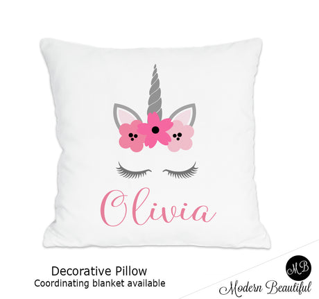 Unicorn theme throw pillow cover in pink and gray, unicorn nursery decor, unicorn lashes, unicorn face (Choose Colors)