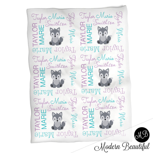 Personalized Wolf Baby Name Blanket Purple
