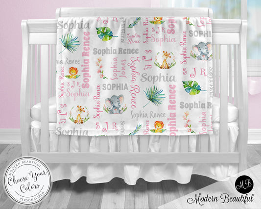 Safari animals baby name blanket, jungle animals blanket, safari baby blanket, baby swaddling blankets, baby girl or boy, baby name blanket, baby shower gift, personalized baby name blanket(CHOOSE COLORS)