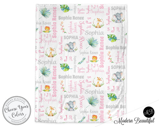 Personalized Safair Animals Baby Name Blanket