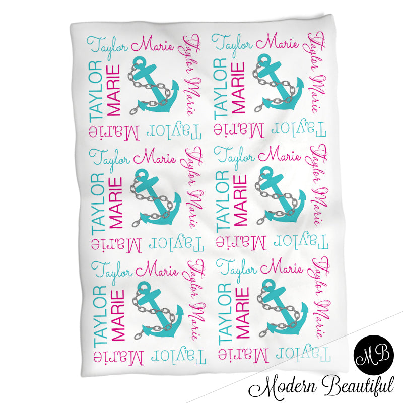 Personalized Nautical anchor Baby Name Blanket Girl