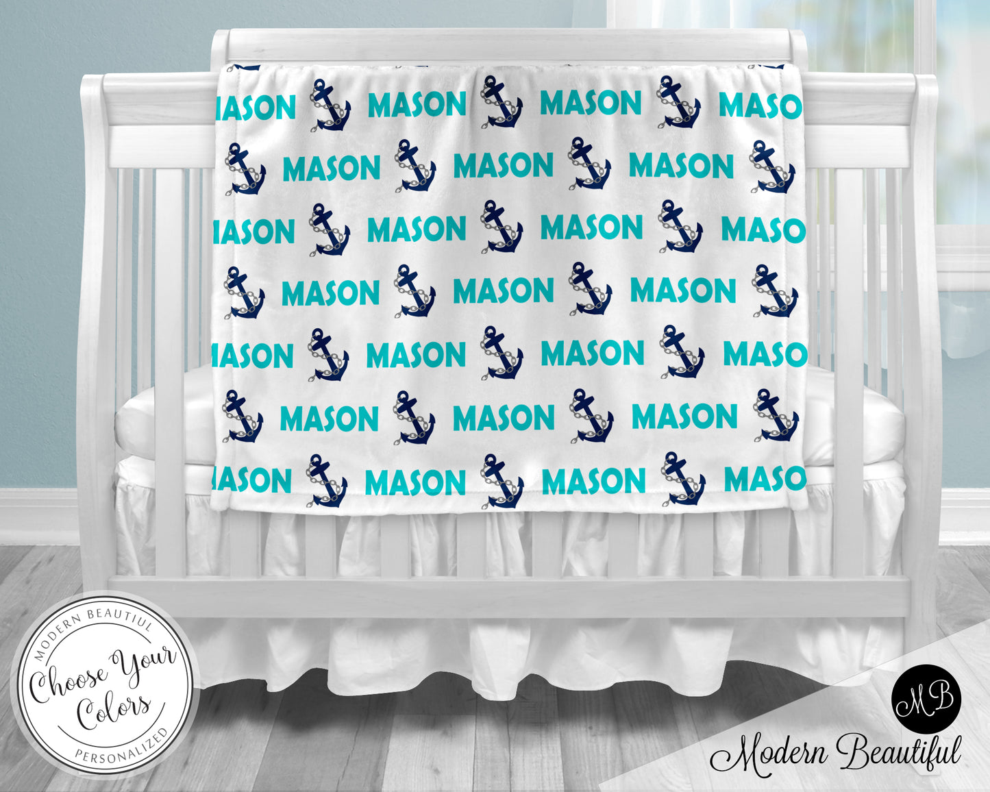 Nautical anchor baby boy or girl name blanket