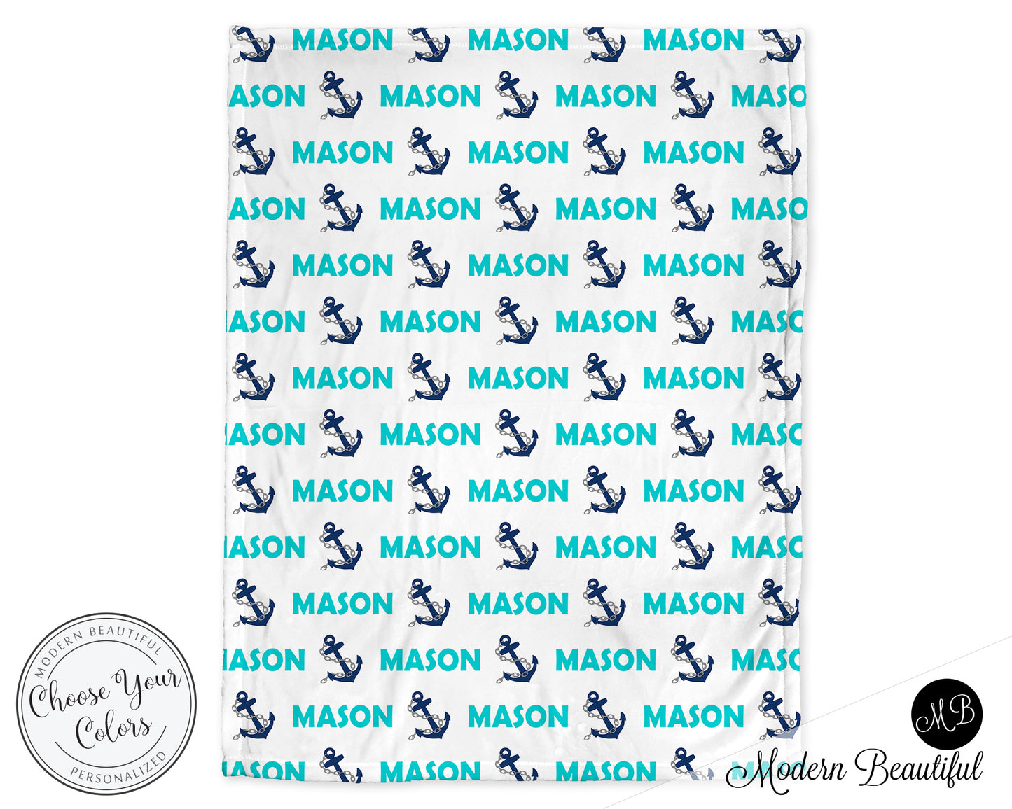 Nautical baby boy blanket, aqua and navy, anchor name blanket, custom nautical personalized baby gift, swaddle baby blanket, personalized blanket, boy or girl blanket, choose colors
