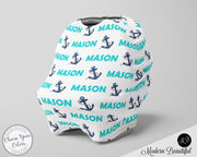 Nautical baby boy or girl car seat canopy cover, anchor baby gift, aqua and navy, custom infant car seat cover, personalized baby name carseat cover, nursing privacy cover, shopping cart cover, high chair cover (CHOOSE COLORS)