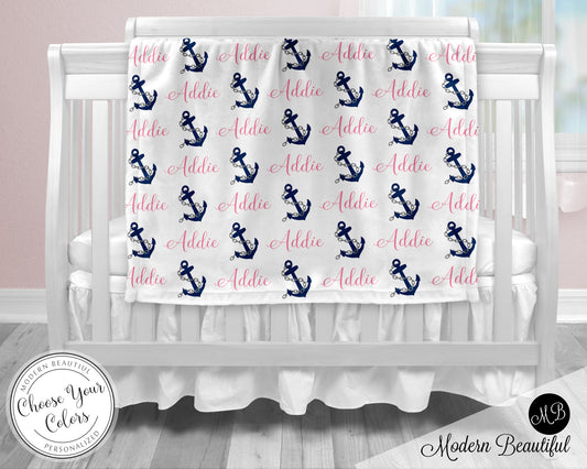 Nautical anchor baby boy or girl name blanket