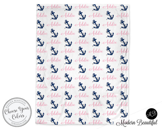 Personalized Nautical Baby Name Blanket Girl