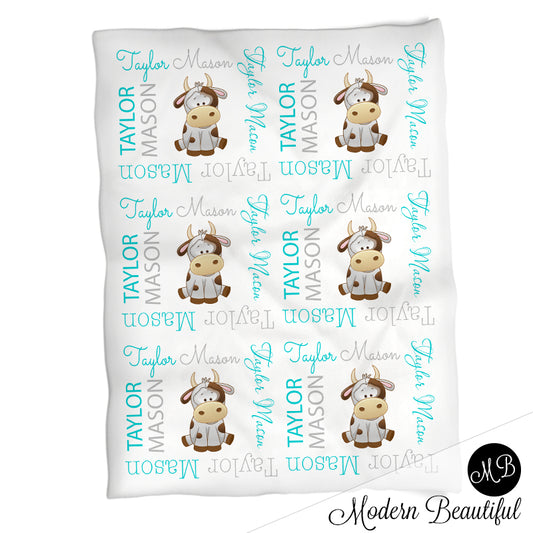 Personalized Cow Baby Name Blanket Boy