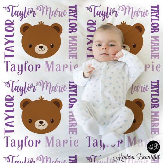 Bear baby name blanket, girl bear blanket, forest bear baby gift blanket, baby swaddling blankets, baby girl or boy, baby name blanket, baby shower gift, personalized baby name blanket(CHOOSE COLORS)