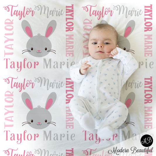 Bunny baby name blanket, girl bunny blanket, forest bunny baby gift blanket, baby swaddling blankets, baby girl or boy, baby name blanket, baby shower gift, personalized baby name blanket(CHOOSE COLORS)
