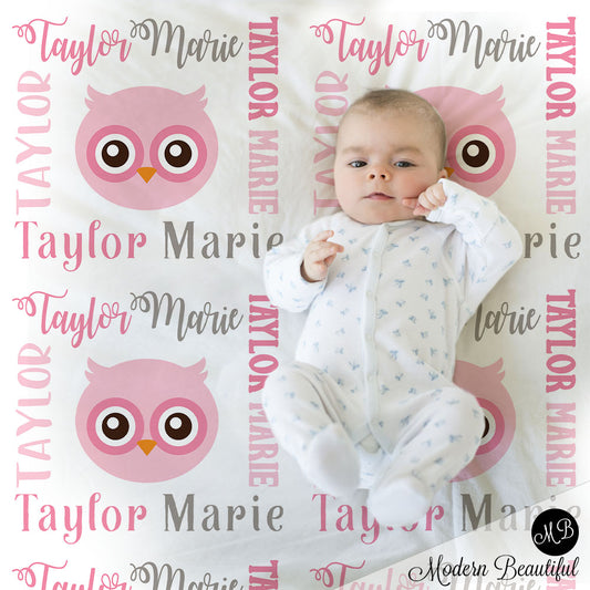 Owl baby name blanket, girl owl blanket, owl baby gift blanket, baby swaddling blankets, baby girl or boy, baby name blanket, baby shower gift, personalized baby name blanket (CHOOSE COLORS)