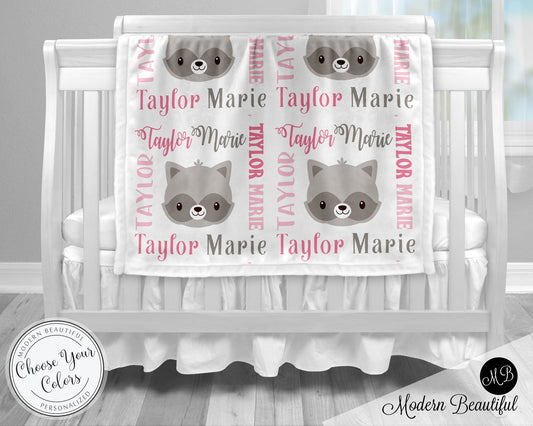 Raccoon baby name blanket, girl raccoon blanket, raccoon baby gift blanket, baby swaddling blankets, baby girl or boy, baby name blanket, baby shower gift, personalized baby name blanket (CHOOSE COLORS)