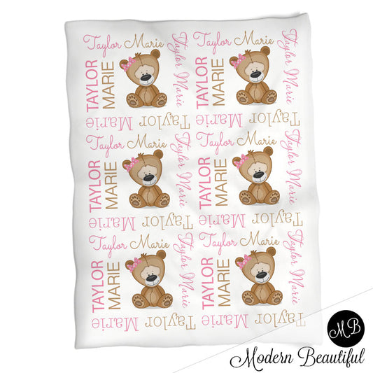 Personalized Teddy Bear Baby Name Blanket Pink
