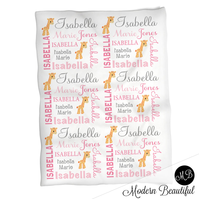 Giraffe Name Blanket in pink and gray for baby girl, personalized baby gift, photo prop blanket, personalized blanket, choose colors