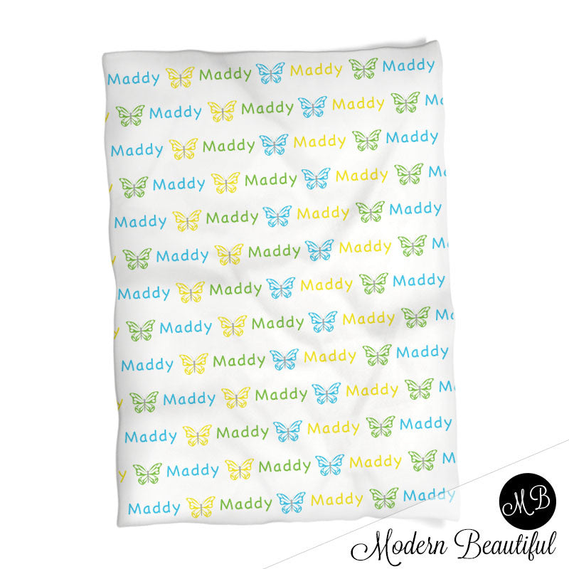 Butterfly Name Blanket for Girl, personalized baby gift photo prop blanket, repeating name with butterfly, personalized blanket, choose your colors