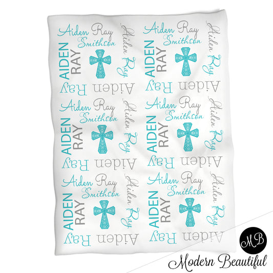 Personalized Cross baby name blanket, blue and gray, baptism baby name blanket, baby swaddling blankets, baby girl or boy, baby name blanket, baby shower gift, (CHOOSE COLORS)