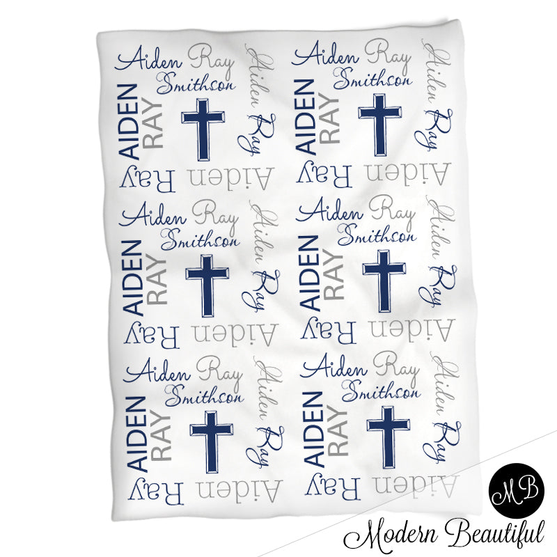 Personalized Copy of Cross baby name blanket, navy and gray, baptism baby name blanket, baby swaddling blankets, baby girl or boy, baby name blanket, baby shower gift, (CHOOSE COLORS)