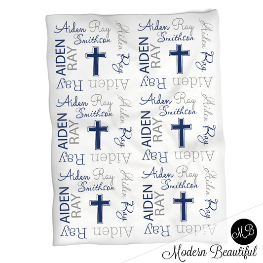 Personalized Copy of Cross baby name blanket, navy and gray, baptism baby name blanket, baby swaddling blankets, baby girl or boy, baby name blanket, baby shower gift, (CHOOSE COLORS)