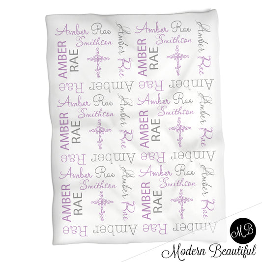 Personalized Baptism Cross Baby Name Blanket Purple