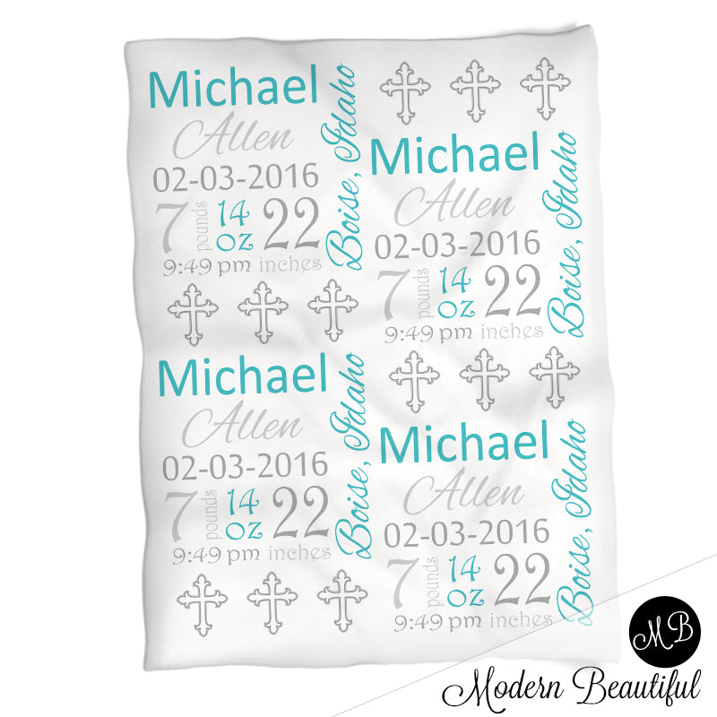 Personalized Baptism Baby Stats Blanket Cross Boy