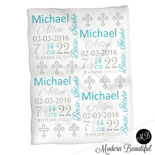 Personalized Baptism Baby Stats Blanket Cross Boy
